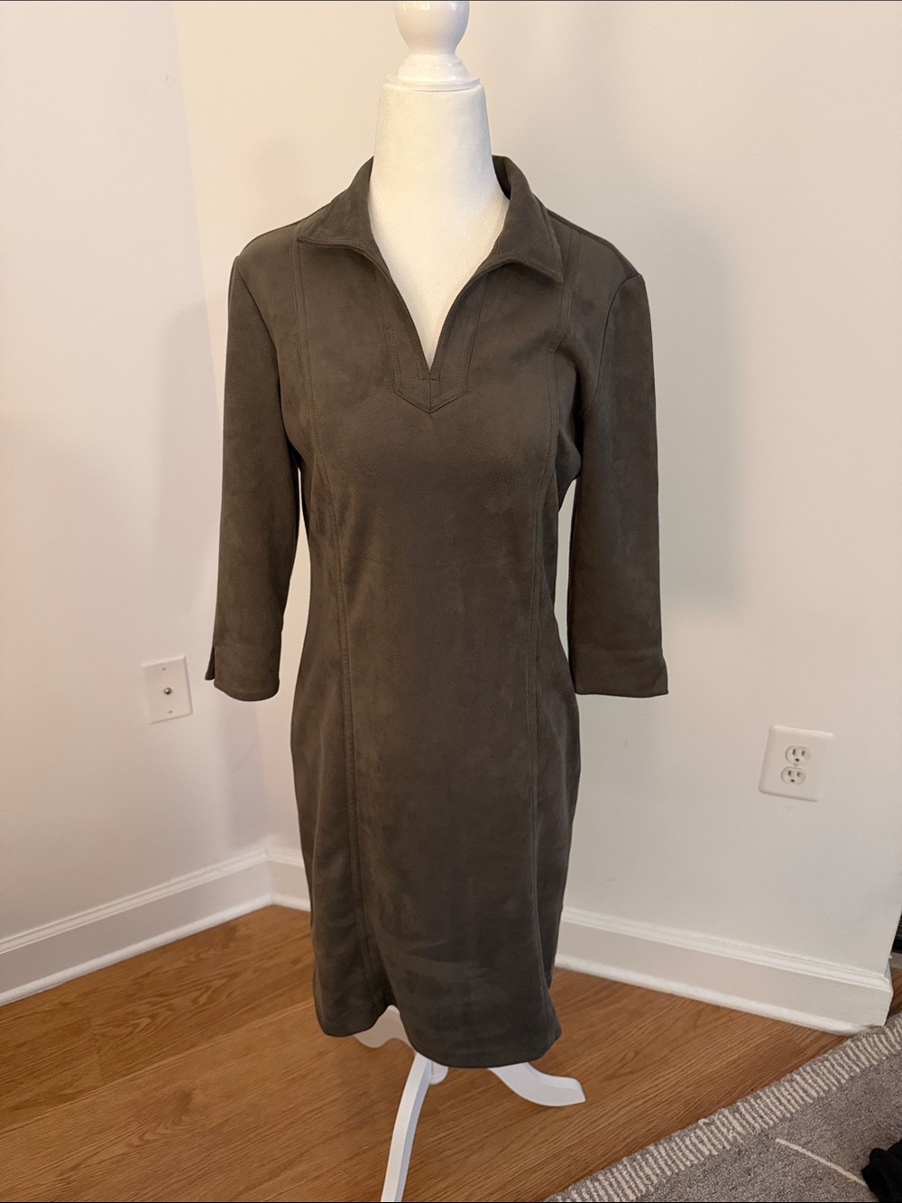 Collared Olive Midi Dress with V-Notch Neck